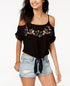 Juniors' Embroidered Cold-Shoulder Top